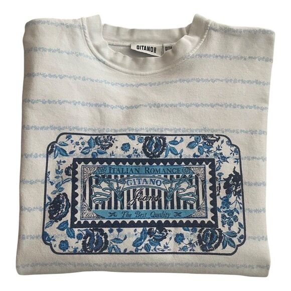 Vintage 80s-90s Gitano Floral Stripe Graphic Pullover Top White - Picture 3 of 5